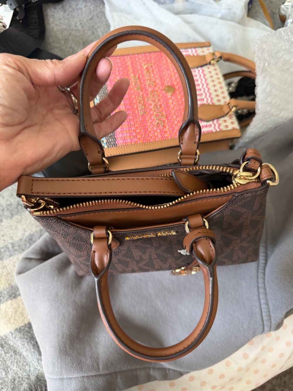 Michael Kors Brown & Tan Logo Satchel with Gold MK Charm - Picture 10 of 10